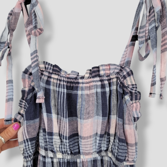 AQUA Linen Plaid Prairie Maxi Dress Navy - Picture 3 of 11